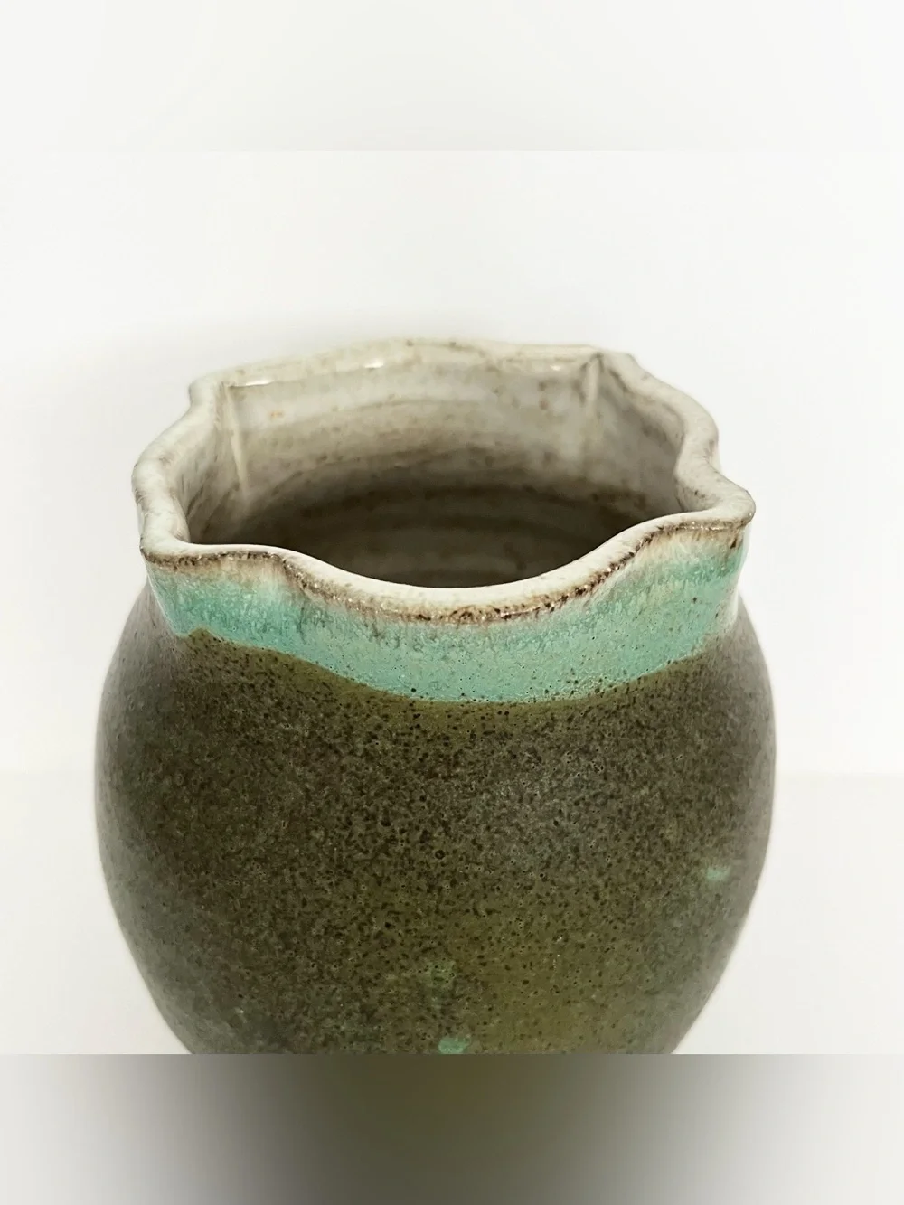 Studio Pottery Handmade Ceramic Green Vase Round Bulbous Organic Shape Rustic